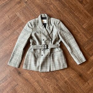 Zara Belted Plaid Blazer Gray/Black/White Sz M